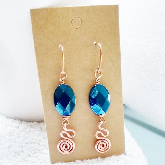 Hand Crafted Jewelry - Large Peacock Blue & Copper Wire Wrapped Earrings